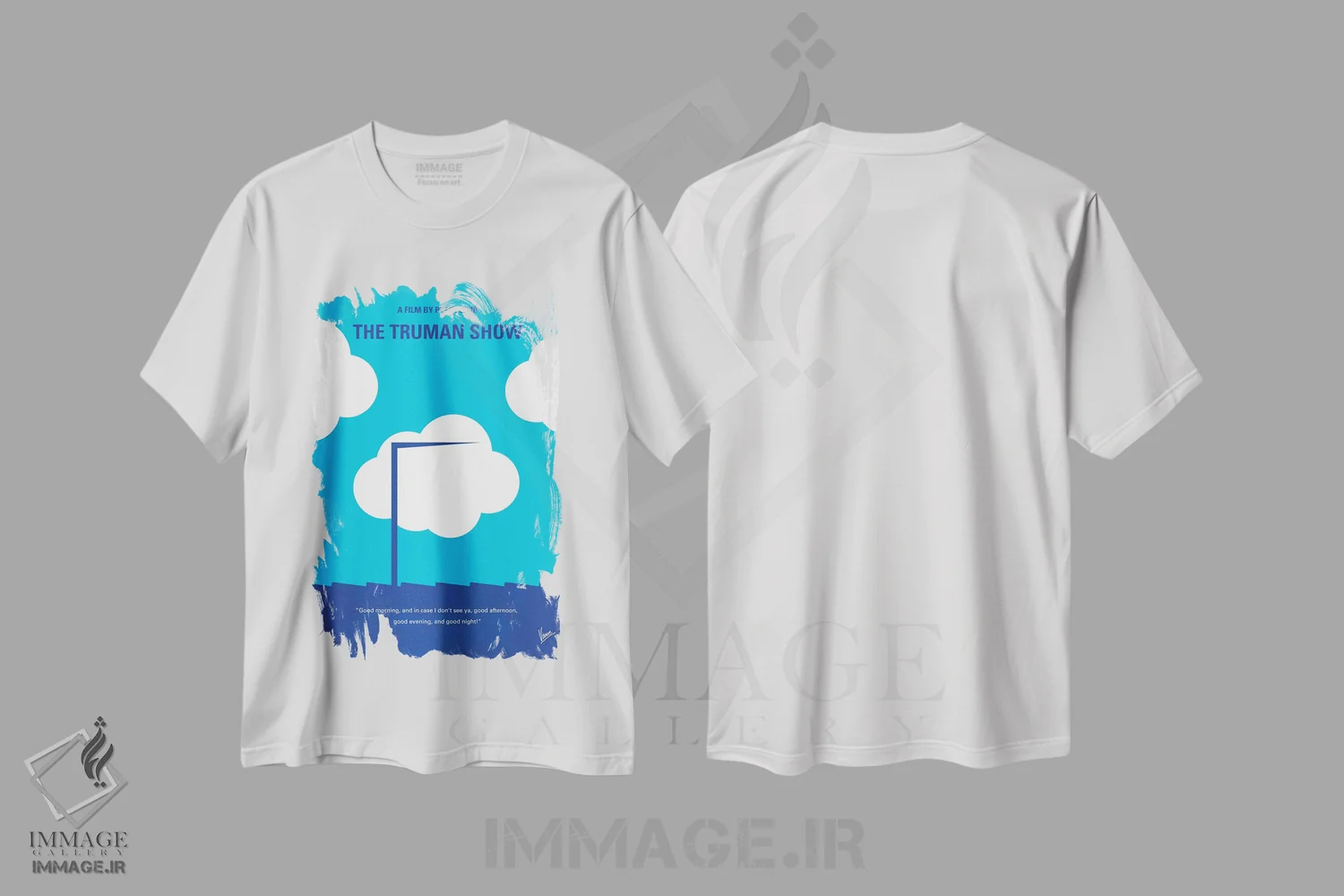 تیشرت سفید طرح دار پوستر مینیمال نمایش ترومن، پوستر مینیمال فیلم های کمدی اثر چانکونگ | immage.ir