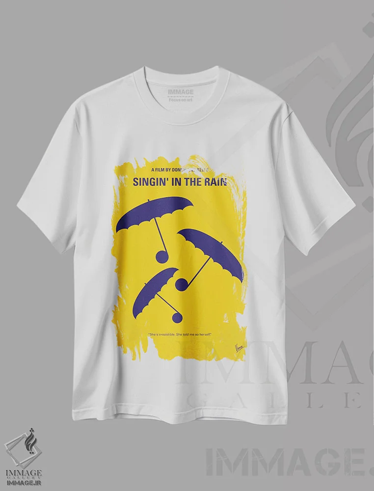 تیشرت سفید طرح دار پوستر مینیمال فیلم آواز در باران، هنر دیجیتال اثر چانکونگ | immage.ir
