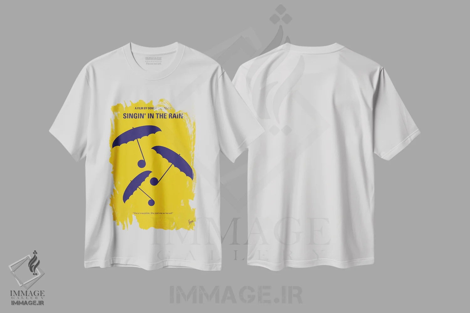 تیشرت سفید طرح دار پوستر مینیمال فیلم آواز در باران، هنر دیجیتال اثر چانکونگ | immage.ir