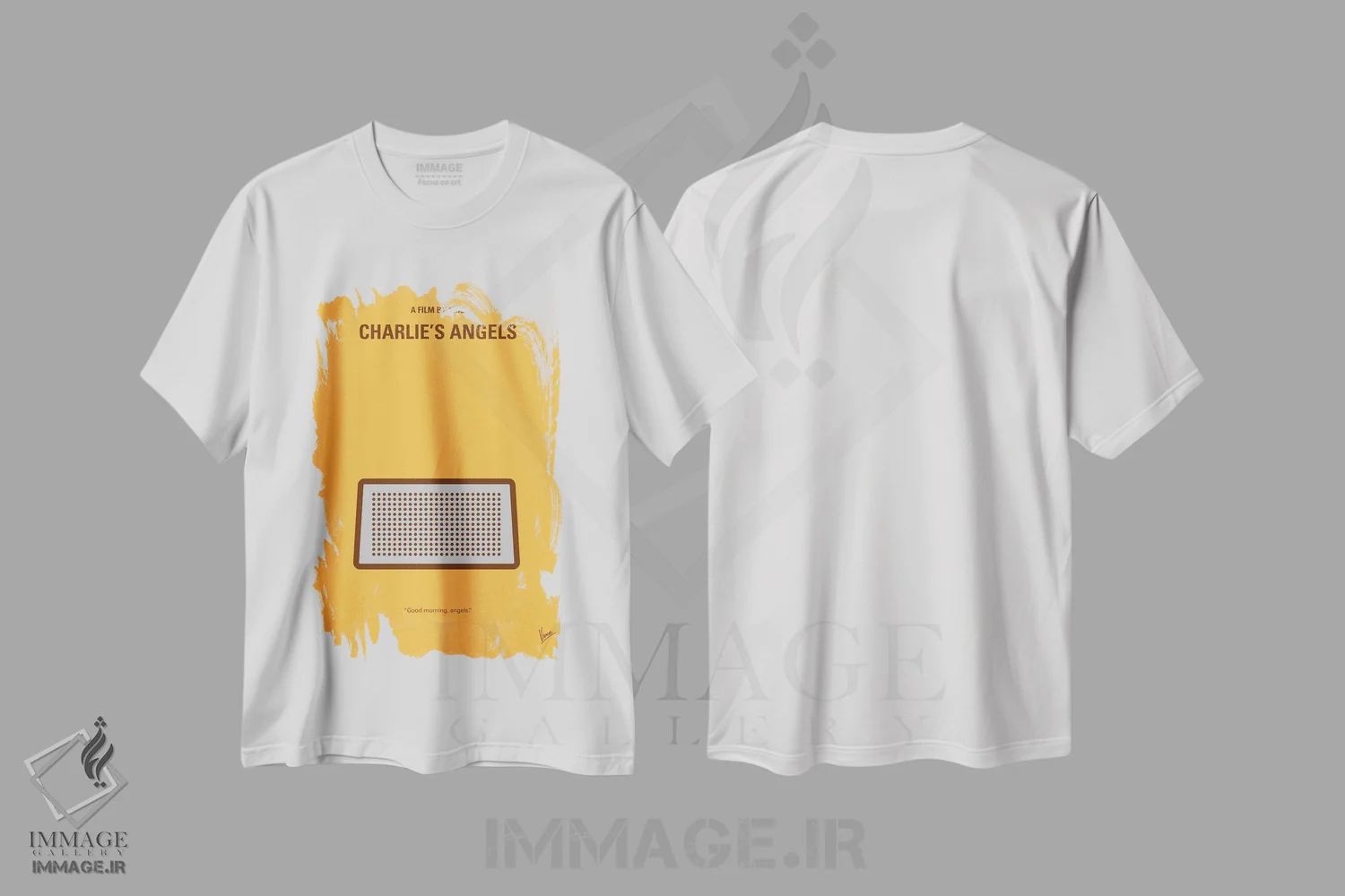 تیشرت سفید طرح دار پوستر مینیمال فرشتگان چارلی، پوستر مینیمال فیلم های جنایی اثر چانکونگ | فروشگاه ایماژ