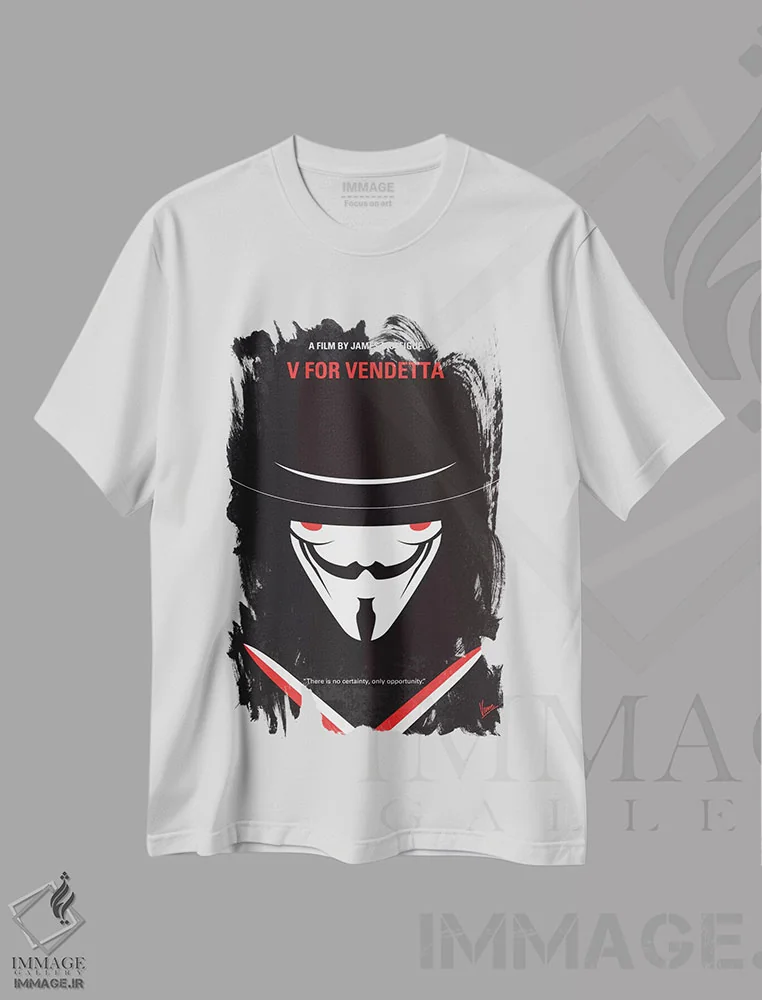 تیشرت سفید طرح دار پوستر مینیمال فیلم وی برای وندتا، هنر دیجیتال اثر چانکونگ | immage.ir