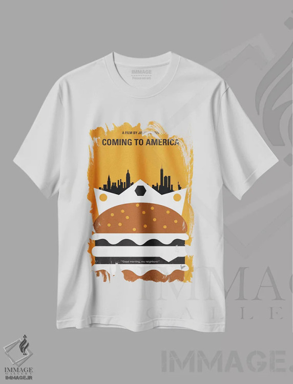 تیشرت سفید طرح دار پوستر مینیمال فیلم آمدن به آمریکا، پوستر مینیمال فیلم های کمدی اثر چانکونگ | immage.ir