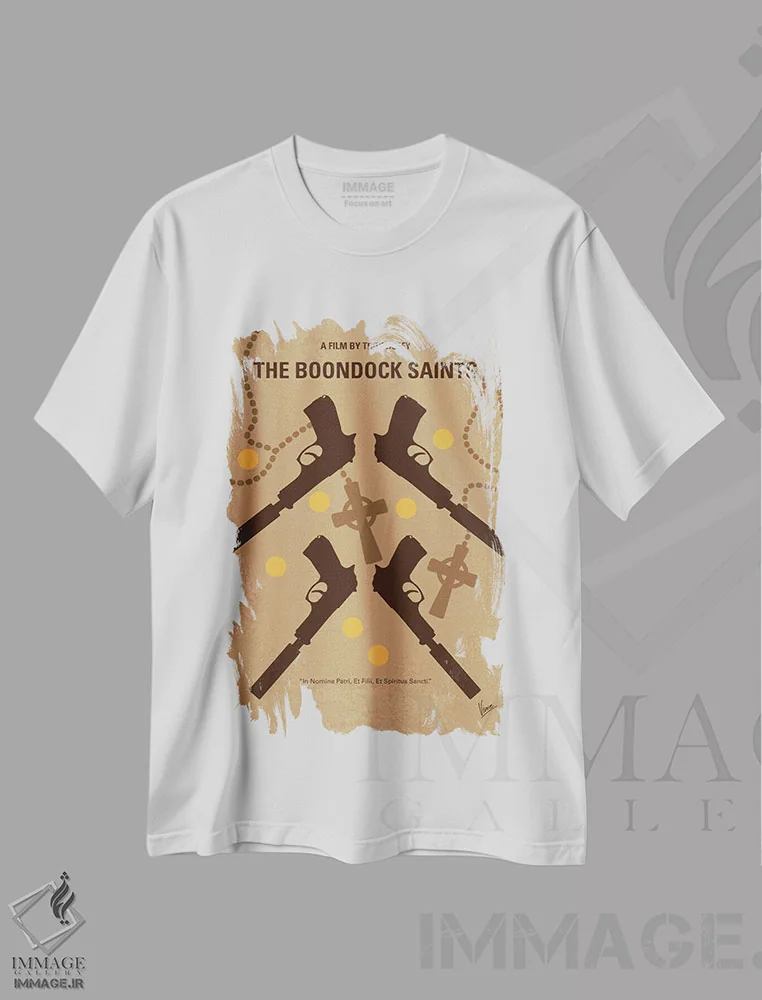 تیشرت سفید طرح دار پوستر مینیمال فیلم قدیسان بونداک، هنر دیجیتال اثر چانکونگ | immage.ir