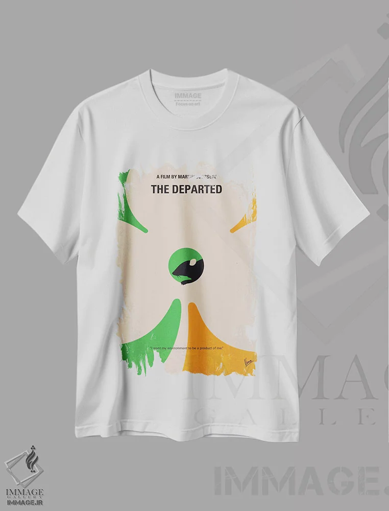 تیشرت سفید طرح دار پوستر مینیمال فیلم رفتگان اثر چانکونگ | immage.ir