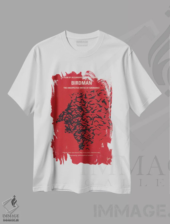 تیشرت سفید طرح دار پوستر مینیمال فیلم مرد پرنده ای یا، پوستر مینیمال فیلم های کمدی اثر چانکونگ | فروشگاه ایماژ