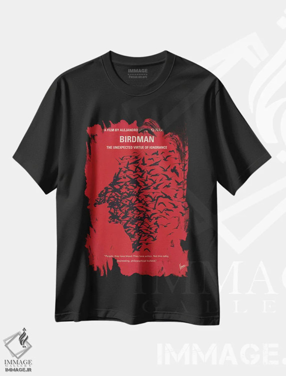 تیشرت مشکی طرح دار پوستر مینیمال فیلم مرد پرنده ای یا، پوستر مینیمال فیلم های کمدی اثر چانکونگ | immage.ir