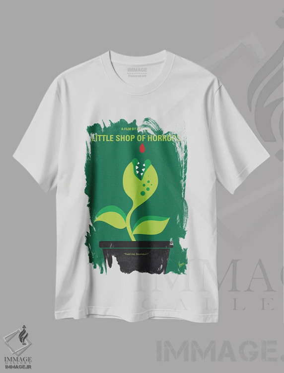 تیشرت سفید طرح دار پوستر مینیمال فروشگاه کوچک وحشت، پوستر مینیمال فیلم های کمدی اثر چانکونگ | immage.ir