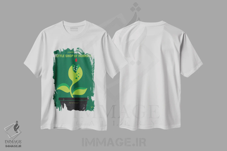 تیشرت سفید طرح دار پوستر مینیمال فروشگاه کوچک وحشت، پوستر مینیمال فیلم های کمدی اثر چانکونگ | immage.ir
