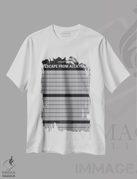 تیشرت سفید طرح دار پوستر مینیمال فرار از آلکاتراز، هنر دیجیتال سیاه و سفید اثر چانکونگ | immage.ir