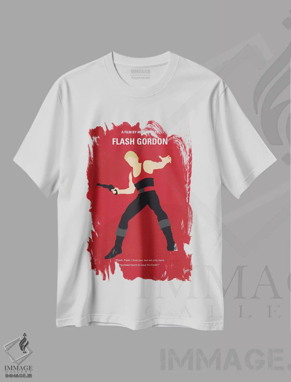 تیشرت سفید طرح دار پوستر مینیمال فیلم فلش گوردون، هنر دیجیتال اثر چانکونگ | immage.ir