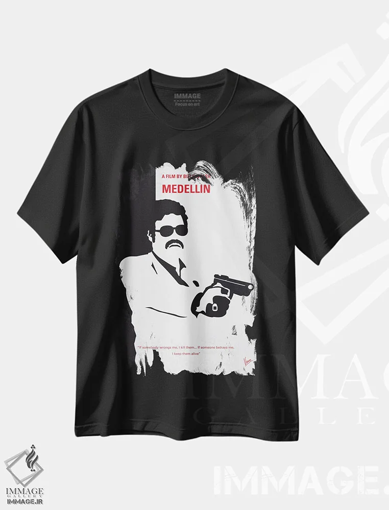 تیشرت مشکی طرح دار پوستر مینیمال مدلین، پوستر مینیمال فیلم های جنایی اثر چانکونگ | immage.ir