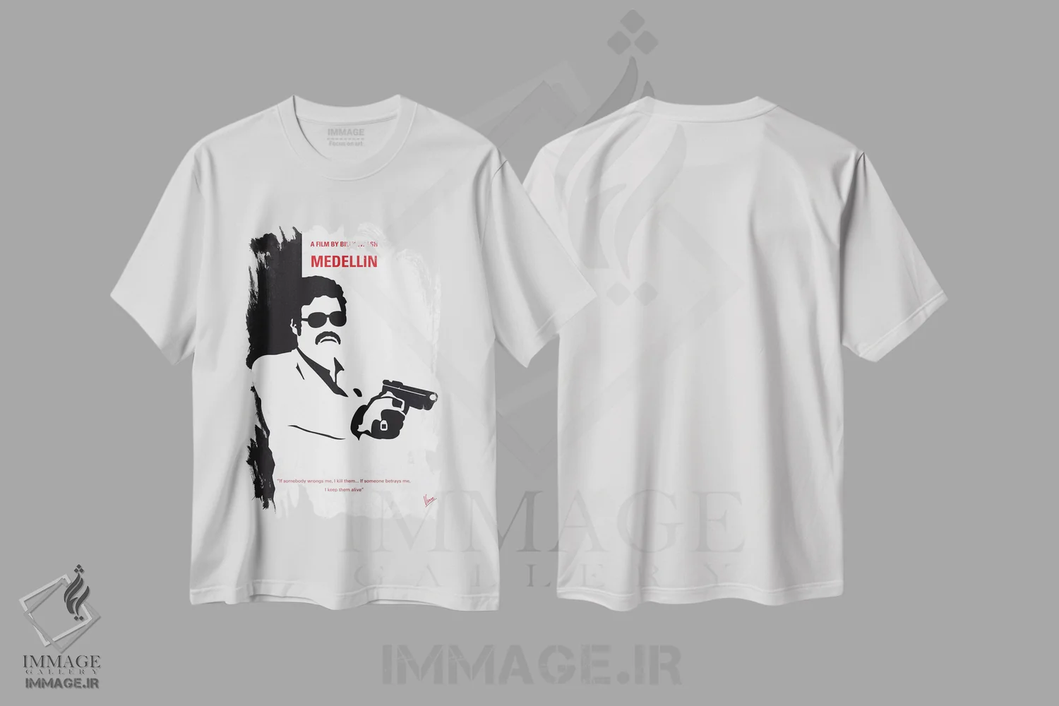 تیشرت سفید طرح دار پوستر مینیمال مدلین، پوستر مینیمال فیلم های جنایی اثر چانکونگ | فروشگاه ایماژ