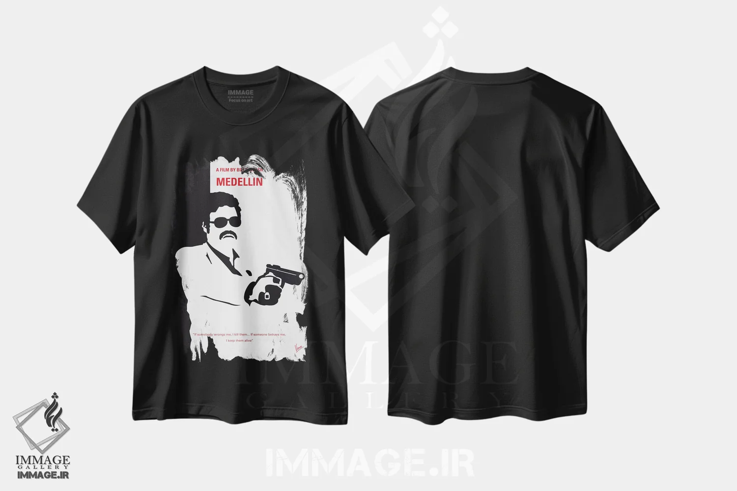 تیشرت مشکی طرح دار پوستر مینیمال مدلین، پوستر مینیمال فیلم های جنایی اثر چانکونگ | immage.ir