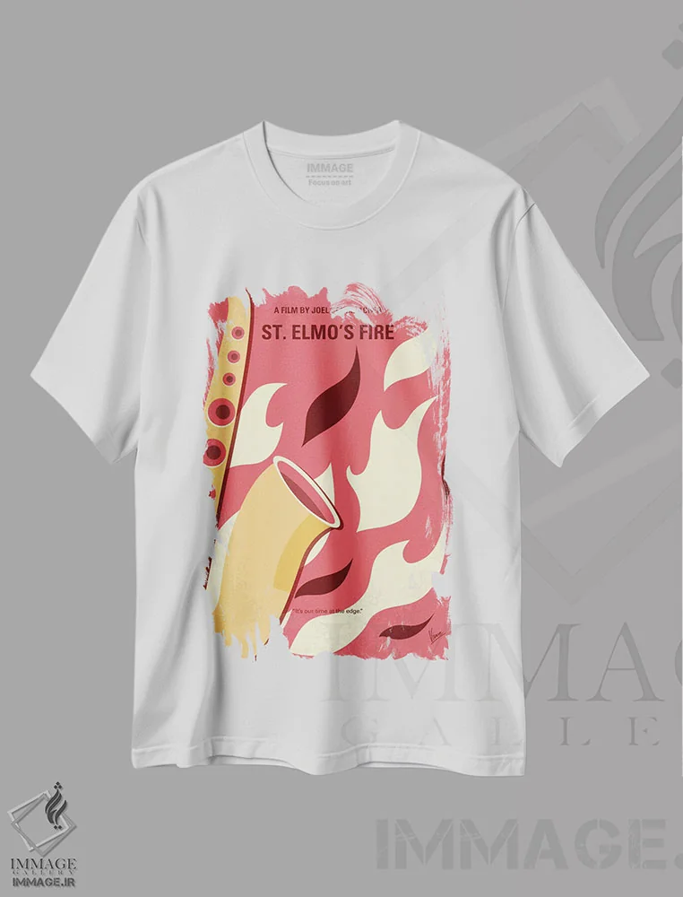 تیشرت سفید طرح دار پوستر مینیمال فیلم آتش سنت المو، هنر دیجیتال اثر چانکونگ | فروشگاه ایماژ