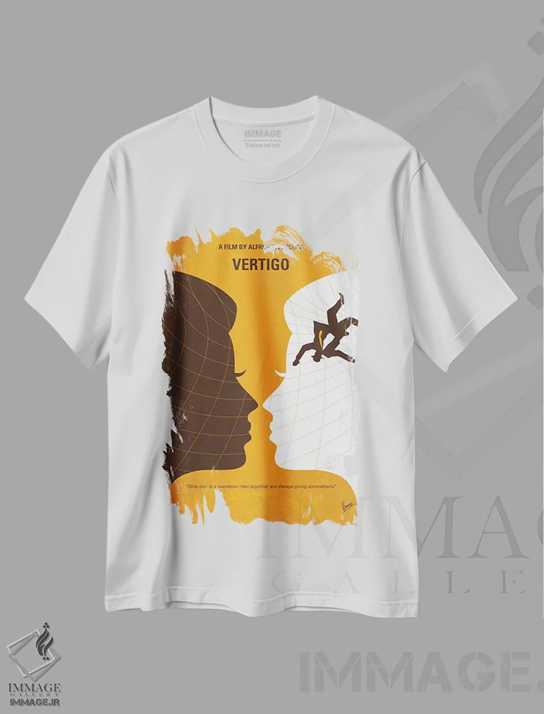 تیشرت سفید طرح دار پوستر مینیمال فیلم سرگیجه، هنر دیجیتال اثر چانکونگ | فروشگاه ایماژ