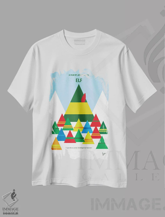 تیشرت سفید طرح دار پوستر مینیمال فیلم اِلف، تابلو و عبار ت های کریسمسی اثر چانکونگ | immage.ir