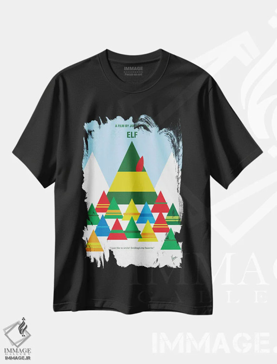 تیشرت مشکی طرح دار پوستر مینیمال فیلم اِلف، تابلو و عبار ت های کریسمسی اثر چانکونگ | فروشگاه ایماژ