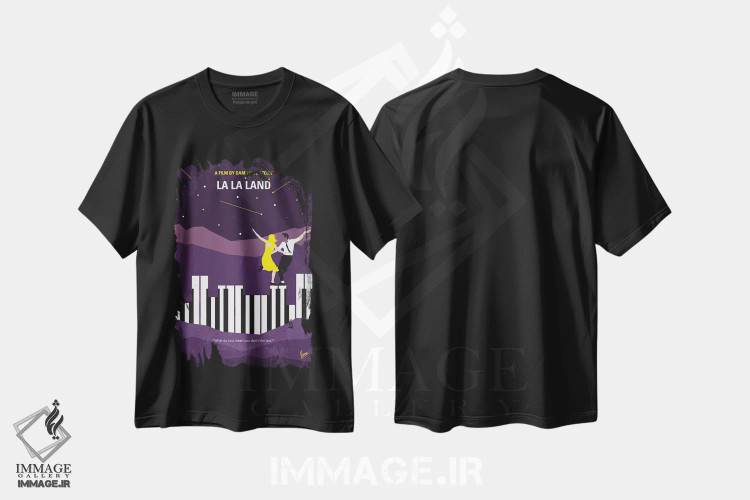 تیشرت مشکی طرح دار پوستر مینیمال فیلم لا لا لند، هنر دیجیتال اثر چانکونگ | فروشگاه ایماژ