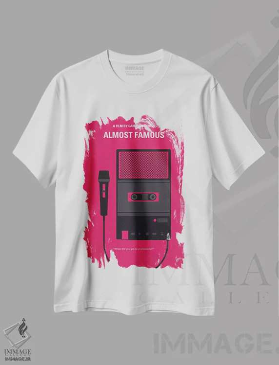 تیشرت سفید طرح دار پوستر مینیمال فیلم تقریباً مشهور، پوستر مینیمال فیلم های کمدی اثر چانکونگ | فروشگاه ایماژ