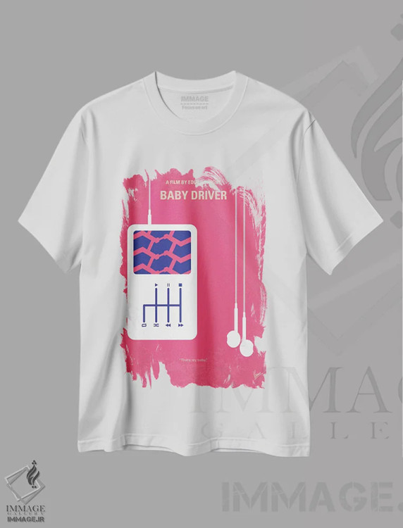تیشرت سفید طرح دار پوستر مینیمال فیلم بیبی درایور، هنر دیجیتال اثر چانکونگ | immage.ir