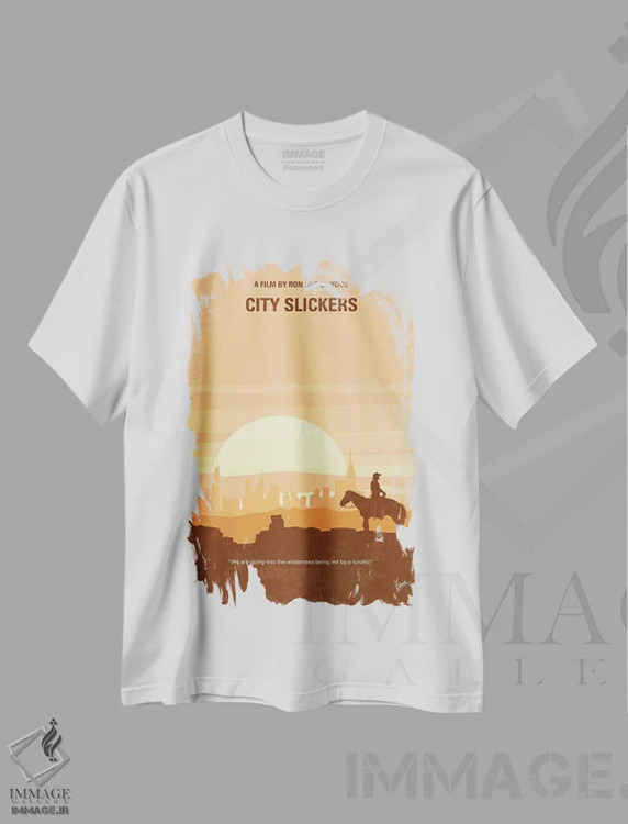 تیشرت سفید طرح دار پوستر مینیمال فیلم گاوچران های شهری، پوستر مینیمال فیلم های کمدی اثر چانکونگ | فروشگاه ایماژ