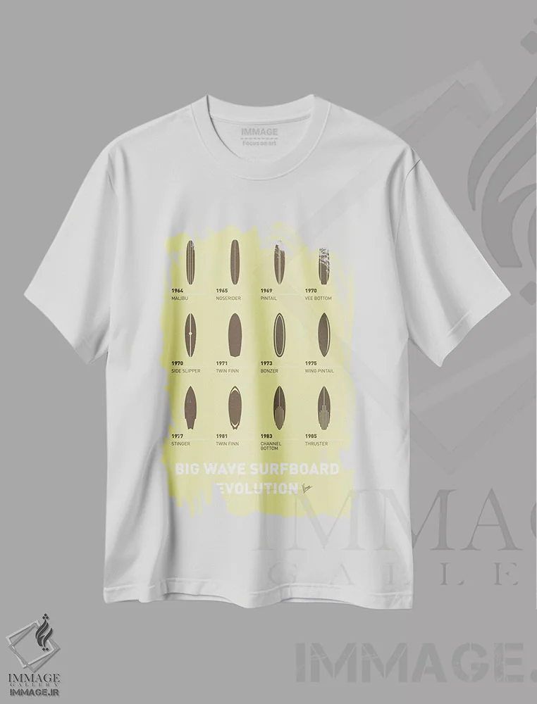 تیشرت سفید طرح دار پوستر مینیمال سیر تحول تخته های موج سواری، هنر دیجیتال اثر چانکونگ | immage.ir