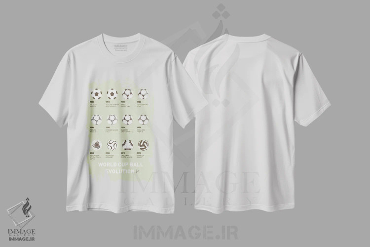 تیشرت سفید طرح دار پوستر مینیمال سیر تحول توپ فوتبال، هنر دیجیتال اثر چانکونگ | فروشگاه ایماژ