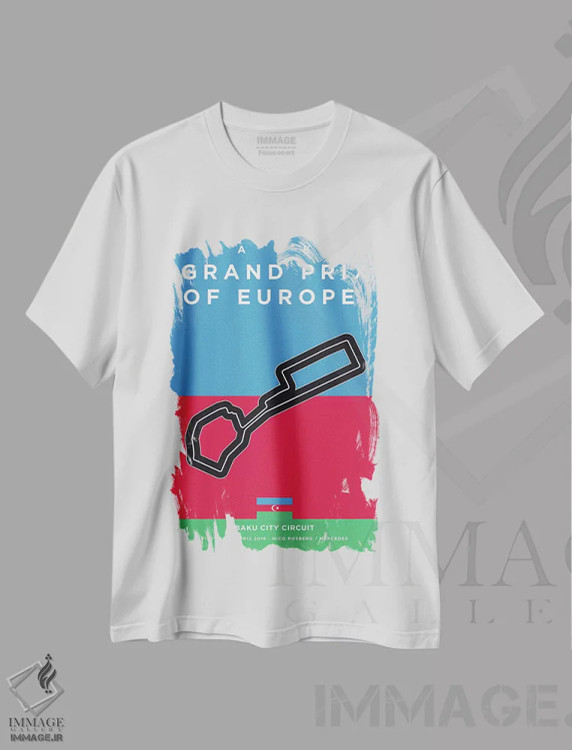 تیشرت سفید طرح دار پوستر مینیمال پیست باکو، هنر دیجیتال اثر چانکونگ | فروشگاه ایماژ
