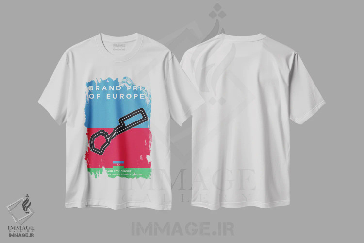 تیشرت سفید طرح دار پوستر مینیمال پیست باکو، هنر دیجیتال اثر چانکونگ | فروشگاه ایماژ