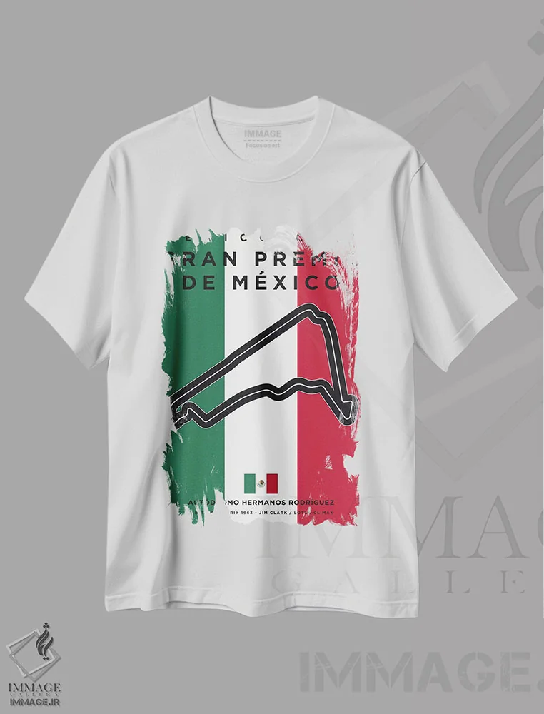 تیشرت سفید طرح دار پوستر مینیمال پیست مکزیکو، هنر دیجیتال اثر چانکونگ | فروشگاه ایماژ
