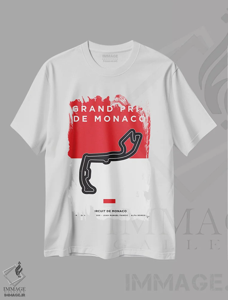 تیشرت سفید طرح دار پوستر مینیمال پیست موناکو، هنر دیجیتال اثر چانکونگ | immage.ir