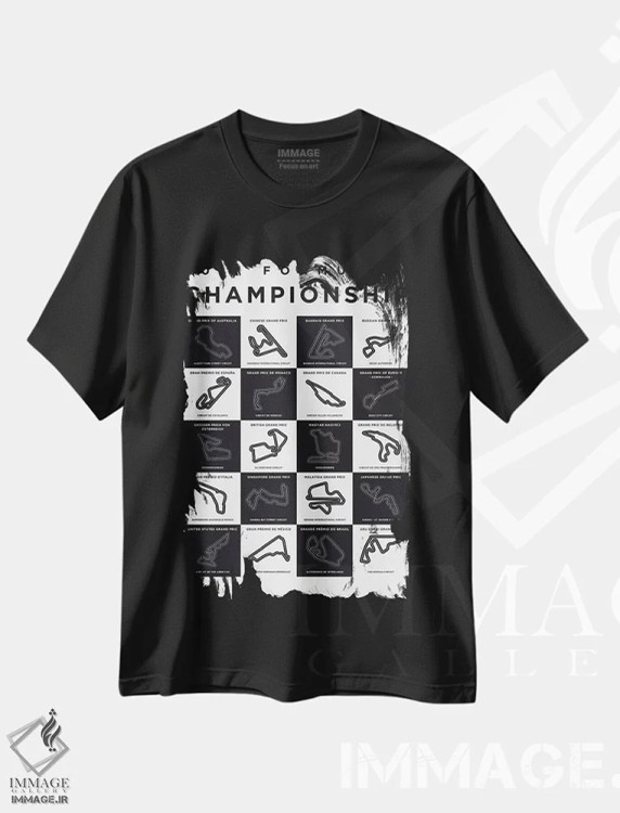 تیشرت مشکی طرح دار پوستر مینیمال پیست های فصل ۲۰۱۷ فرمول یک، هنر دیجیتال اثر چانکونگ | فروشگاه ایماژ