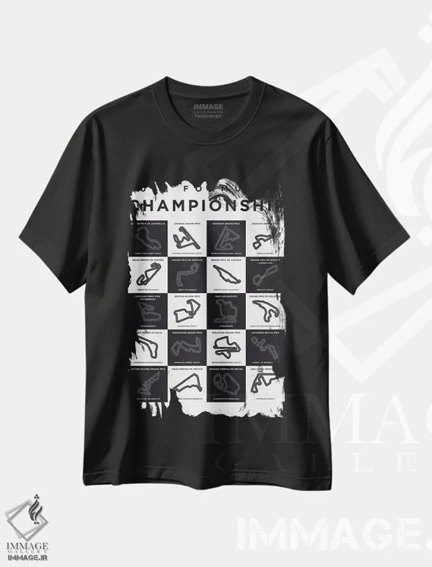 تیشرت مشکی طرح دار پوستر مینیمال پیست های فصل ۲۰۱۷ فرمول یک، هنر دیجیتال اثر چانکونگ | فروشگاه ایماژ