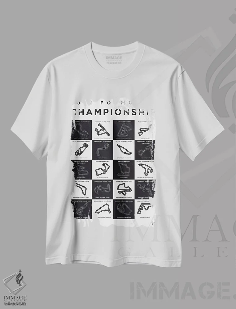تیشرت سفید طرح دار پوستر مینیمال پیست های فصل ۲۰۱۷ فرمول یک، هنر دیجیتال اثر چانکونگ | immage.ir