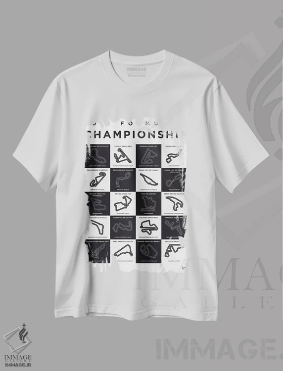 تیشرت سفید طرح دار پوستر مینیمال پیست های فصل ۲۰۱۷ فرمول یک، هنر دیجیتال اثر چانکونگ | immage.ir