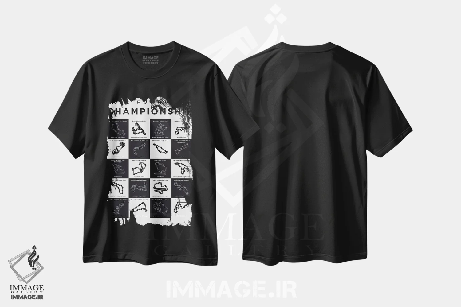تیشرت مشکی طرح دار پوستر مینیمال پیست های فصل ۲۰۱۷ فرمول یک، هنر دیجیتال اثر چانکونگ | فروشگاه ایماژ