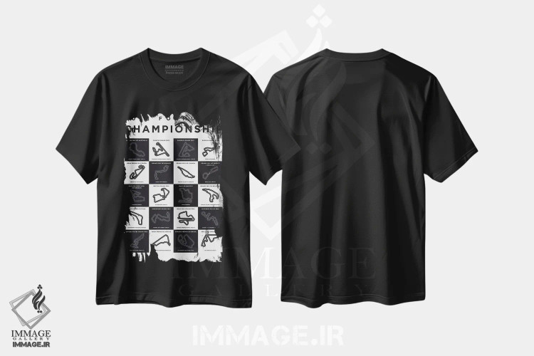 تیشرت مشکی طرح دار پوستر مینیمال پیست های فصل ۲۰۱۷ فرمول یک، هنر دیجیتال اثر چانکونگ | فروشگاه ایماژ