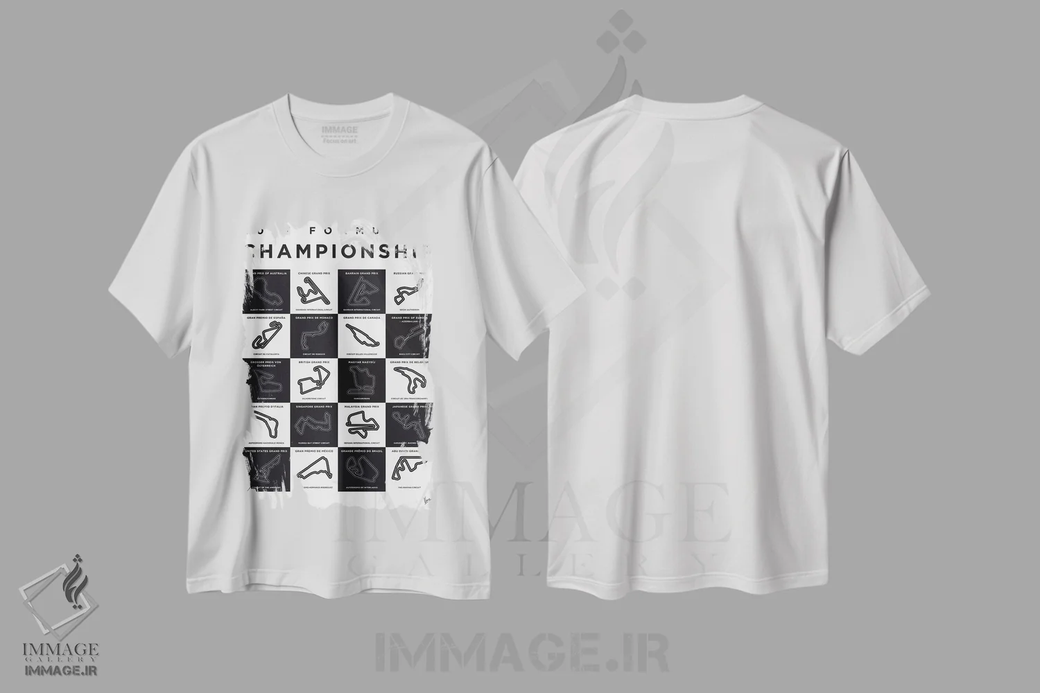 تیشرت سفید طرح دار پوستر مینیمال پیست های فصل ۲۰۱۷ فرمول یک، هنر دیجیتال اثر چانکونگ | immage.ir