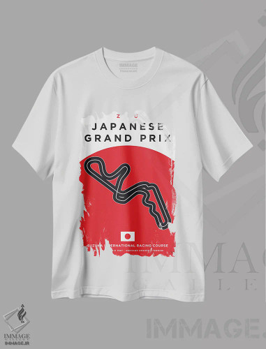 تیشرت سفید طرح دار پوستر مینیمال پیست سوزوکا، هنر دیجیتال اثر چانکونگ | فروشگاه ایماژ