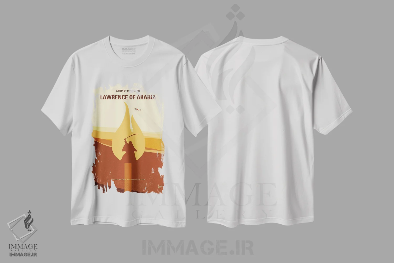تیشرت سفید طرح دار پوستر مینیمال فیلم لارنس عربستان، هنر دیجیتال اثر چانکونگ | immage.ir