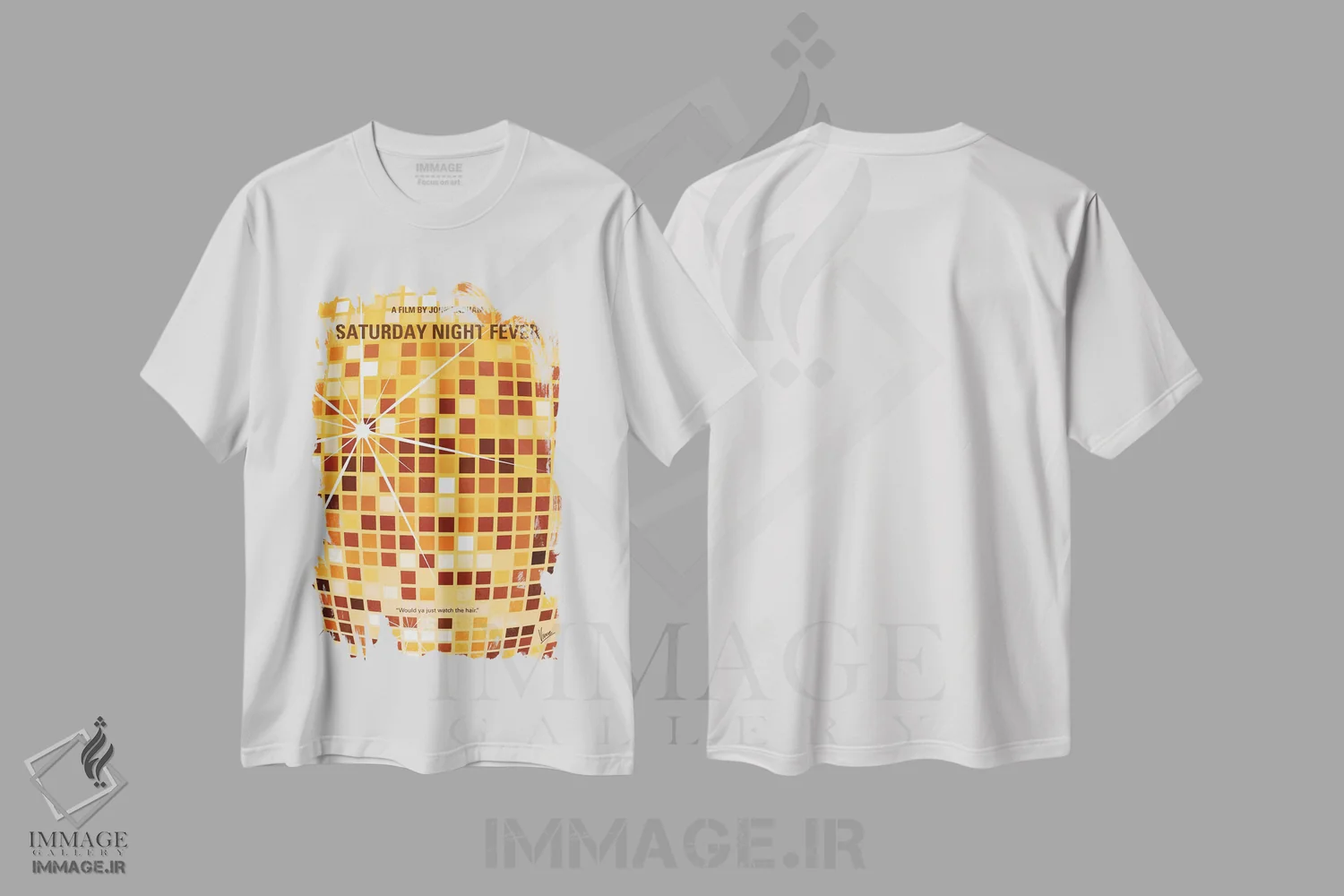 تیشرت سفید طرح دار پوستر مینیمال فیلم تب شنبه شب، هنر دیجیتال اثر چانکونگ | فروشگاه ایماژ
