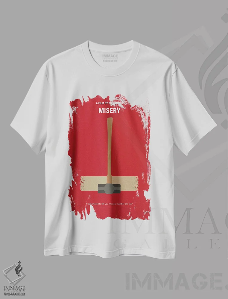 تیشرت سفید طرح دار پوستر مینیمال فیلم مصیبت، هنر دیجیتال اثر چانکونگ | فروشگاه ایماژ