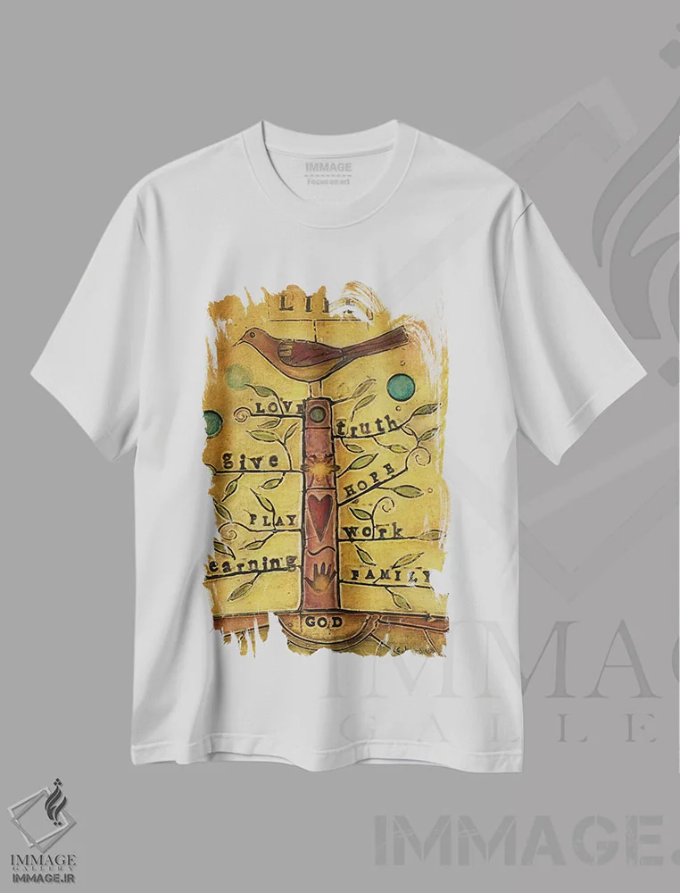 تیشرت سفید طرح دار مرغ زندگی، تزئینی اثر کارولین کینی سون | فروشگاه ایماژ