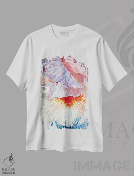 تیشرت سفید طرح دار زنبق رو به زوال، هنر فاخر معاصر اثر کلویی هدن | فروشگاه ایماژ