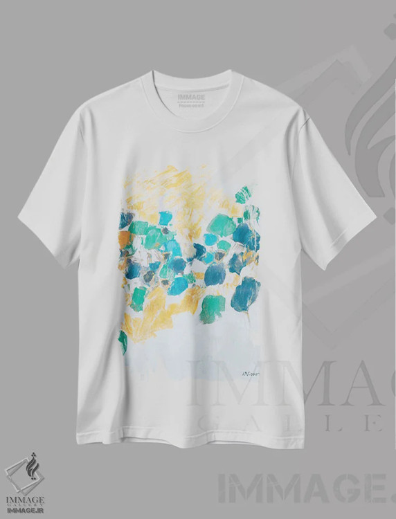 تیشرت سفید طرح دار گره های طلایی و سبزآبی اثر آن مری کولیک | فروشگاه ایماژ