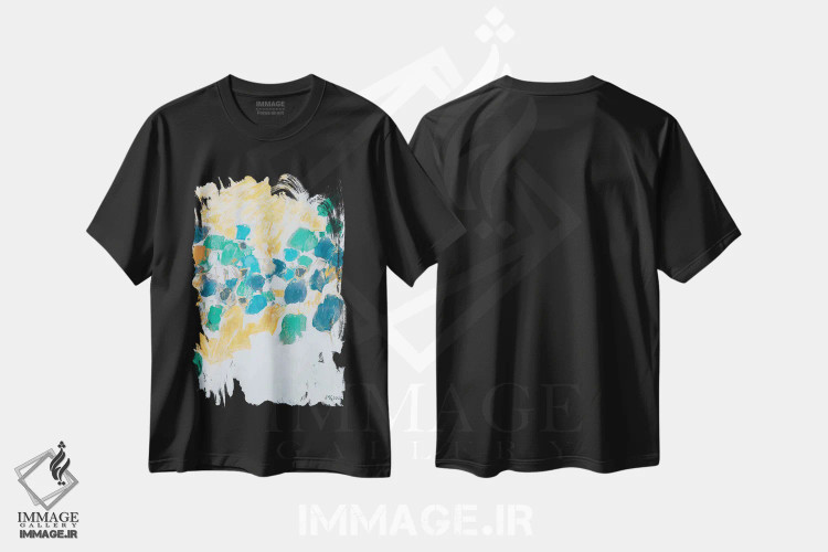 تیشرت مشکی طرح دار گره های طلایی و سبزآبی اثر آن مری کولیک | immage.ir