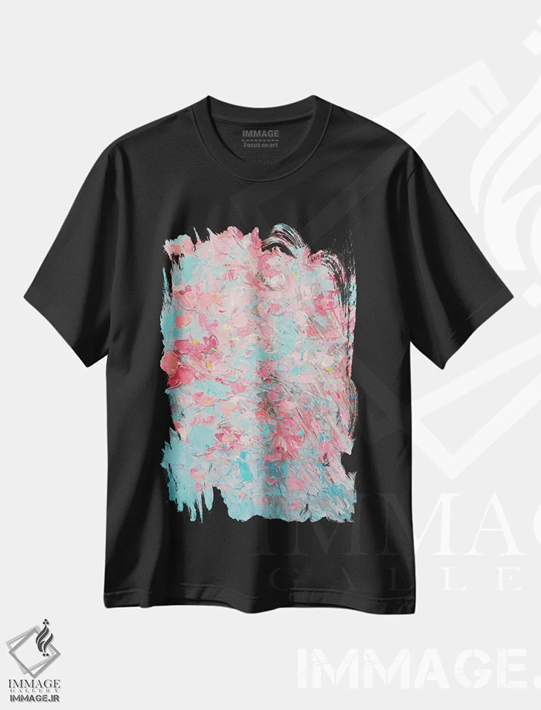 تیشرت مشکی طرح دار شکوفه های سیب، تزئینی اثر آن مری کولیک | فروشگاه ایماژ