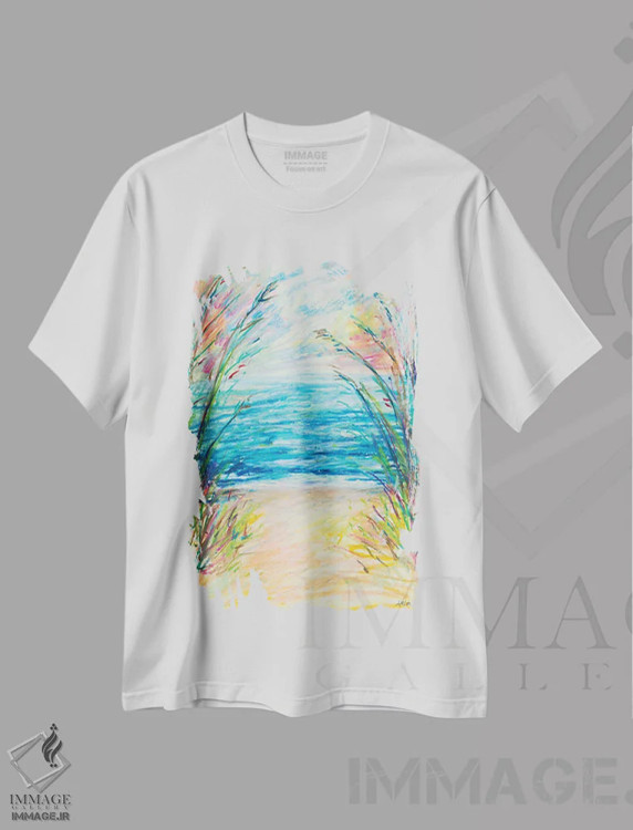 تیشرت سفید طرح دار مسیر به سوی آب، دکور ساحلی اثر آن مری کولیک | فروشگاه ایماژ
