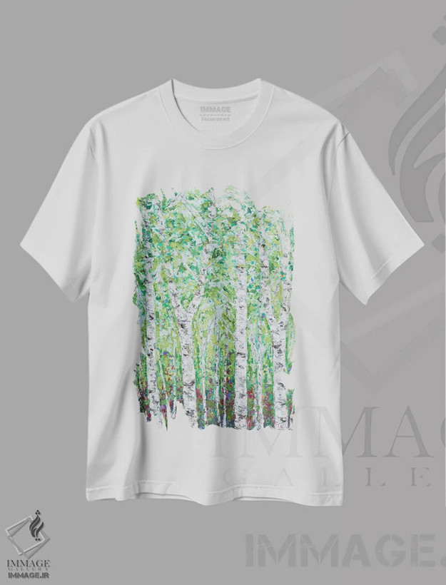 تیشرت سفید طرح دار چوب غان سبز II، مدیوم اثر آن مری کولیک | فروشگاه ایماژ