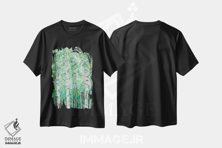 تیشرت مشکی طرح دار چوب غان سبز I، مدیوم اثر آن مری کولیک | فروشگاه ایماژ